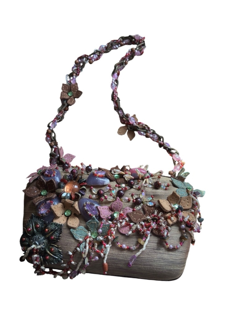 Mary Frances Hard Case Embellished Floral Fabric Beaded Purse Clutch Handbag